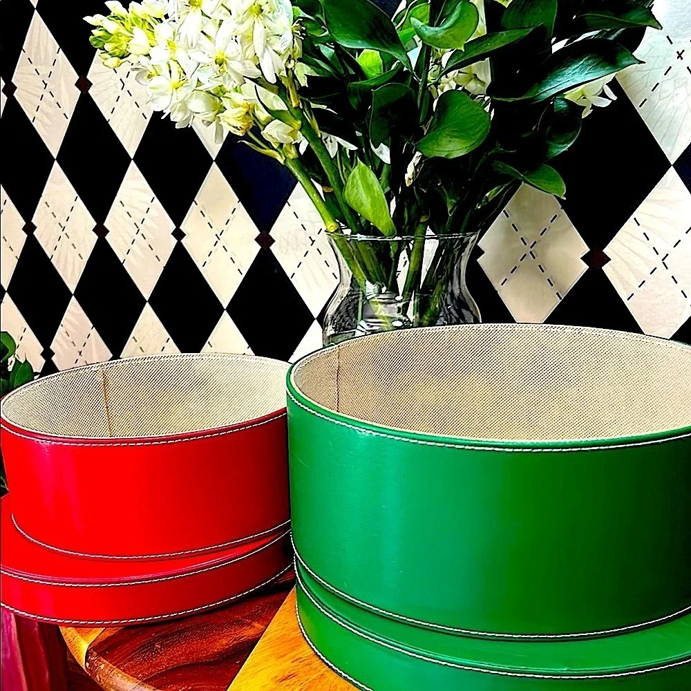 Nesting‎ Leather Boxes Set of 2 – Red & Green – Cylindrical Storage - Large
